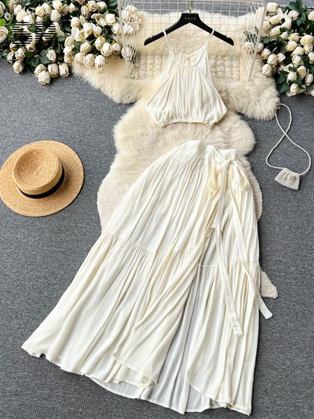 

two piece dress singreiny casual matching set summer women short camisole elastic waist split long a line skirt vacation beach style suit 23, White