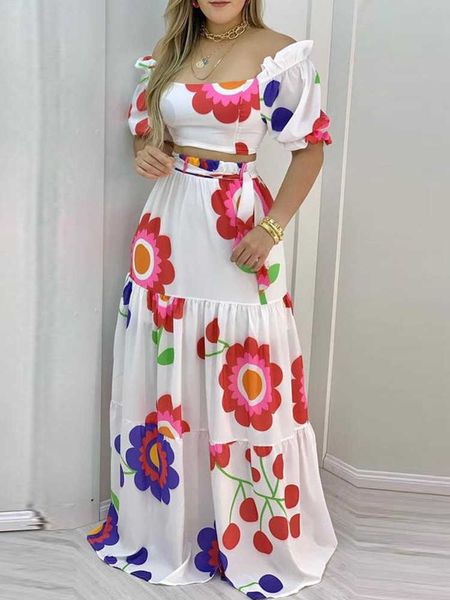 

two piece dress floral print laceup backless crop maxi skirt sets summer women two piece set j230506, White