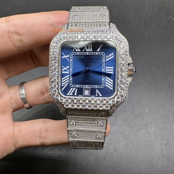 

men's prong set hip hop diamond watches latest stainless steel full automatic mechanical sports watches blue face, Slivery;brown
