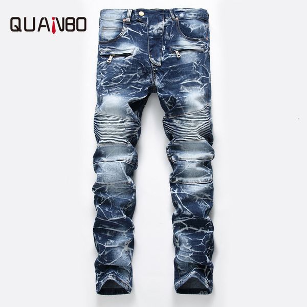 

mens jeans slim fit straight moto biker fashion nostalgia retro pleated jeans pants with zipper deco 42 230506, Blue