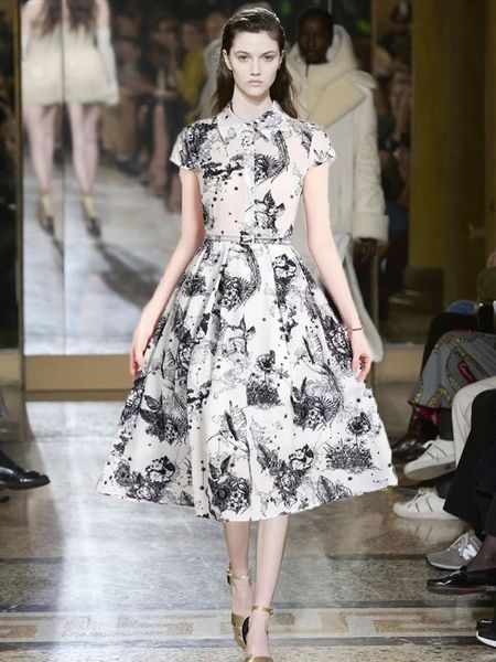 

animals print women a-line dress short sleeve runway dresses, Black