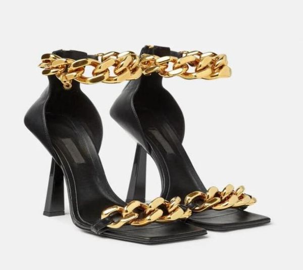 

summer brands golden chainlink straps nappa leather sandals shoes medusi women high heels party dress wedding lady sandalias1316050, Black