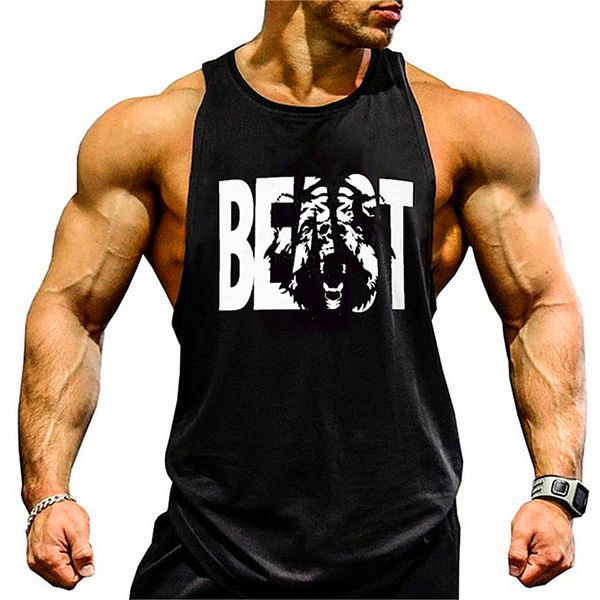 

men' tank gym brand clothing bodybuilding fitness mens running tanks workout beast print vest stringer sportswear muscle undershirt 2, White;black