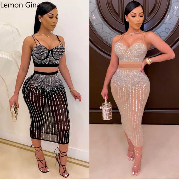 

two piece dress lemon gina 2 two piece sets women skirts suits set diamond crop midi skirts suits black matching dress sets j230506, White
