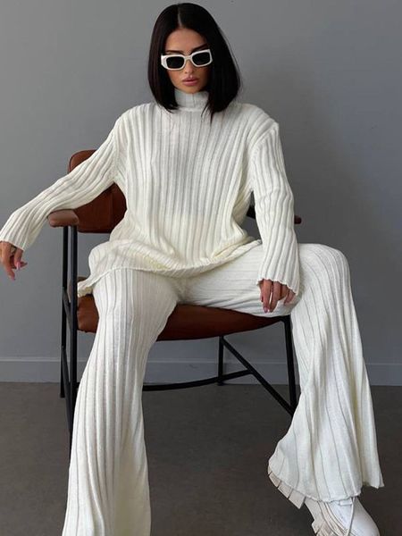 

women's two piece pants turtleneck striped knitted set women solid loose pullover high waist flare female suit lady elegant outfits 230, White