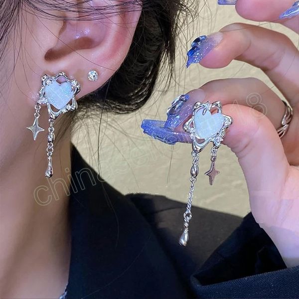 

love heart earrings for women girls star tassel chains pendant earrings fashion daily wedding party jewelry gifts, Silver