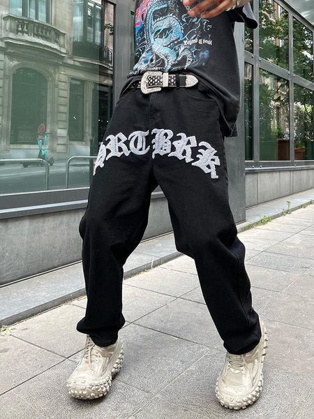 

mens jeans black vintage men latest design heart character patches embroidered casual trousers y2k loose straight cotton denim pants 230506, Blue
