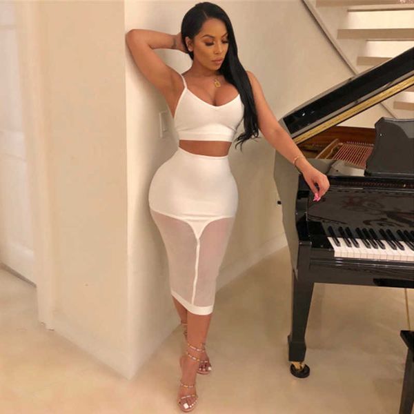 

two piece dress bkld sheer mesh patchwork two piece skirt and crop set women hollow out 2 piece summer matching sets 2019 club outfits j230, White