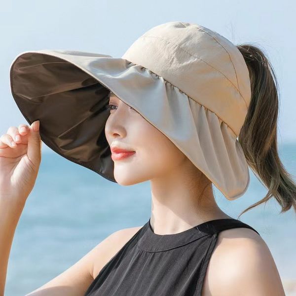 

anti uv hat summer straw large brim with string sun visor cap beach empty cap (beige color), Pink;blue