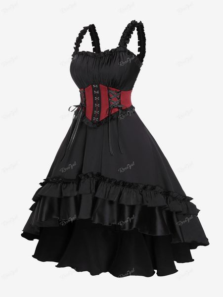 

plus size dresses rol size gothic party lolita layered ruffled frilled laceup high low maxi corset dress vintage vestidos 5x 230506, Black
