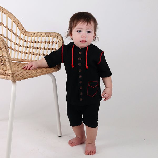 

tshirts kids tshirt short sleeve black ribbed with hood front buttons baby boy girl clothes summer clothing red stitching pocketstring 23050, Blue
