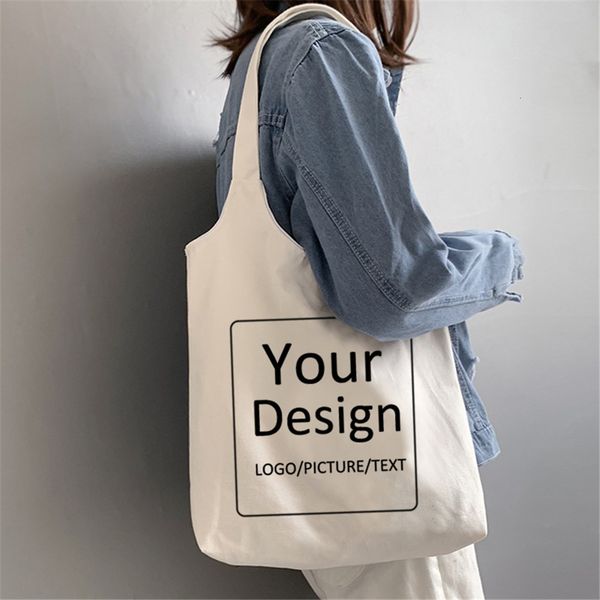 

shopping bags customed tote bag design your own text printed original white hasp travel canvas s students book bolsos reusable 230506