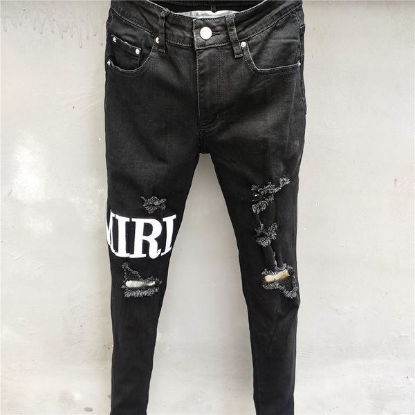 

mens jeans high street embroider letter fashion designer ripped hole slim fit trousers hip hop dance party black 230506, Blue