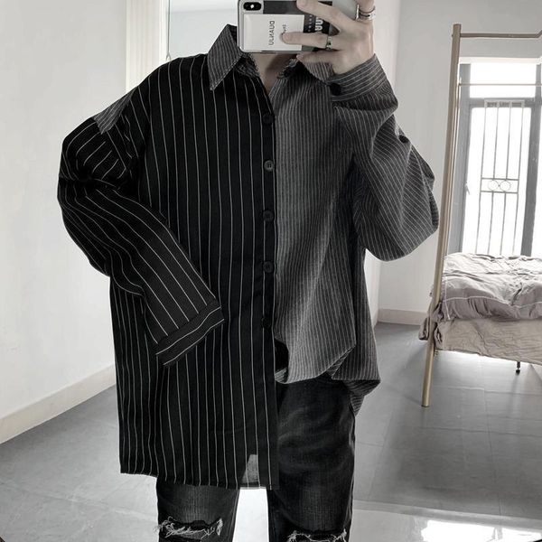 

men's casual shirts luxury man spring autumn trend oversize drop shoulder thin striped stitching blouse longsleeved 230506, White;black
