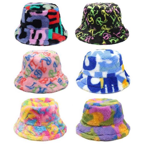 

wide brim hats 2022 new winter luxury faux fur fluffy warm bucket hat woman men letter print panama plush velvet fisherman winter hat bob j2, Blue;gray
