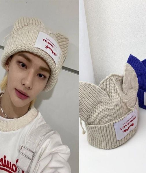 

beanieskull caps kpop stray kids felix same beanies cat ears hat knitted cute wool casual men women accessories 2211286892743, Blue;gray