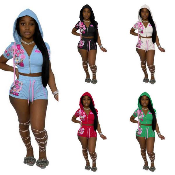 

women clothing designer tracksuits hooded 2 piece sports outfits 2023 summper new fashion printed zipper short sleeve cardigan and shorts ma, Gray
