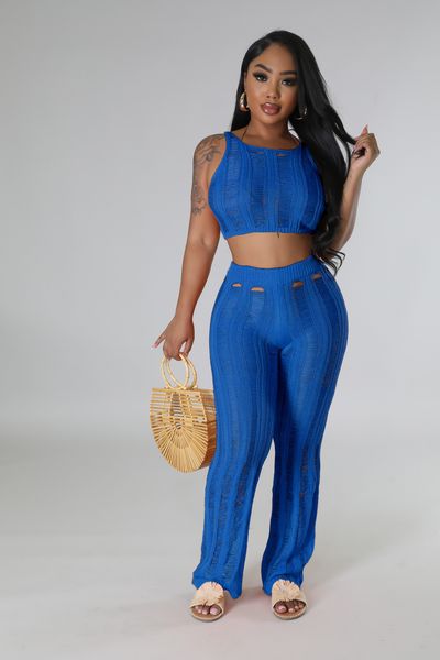 

women's two piece pants summer fashion set 2023 knitted see through hollow out sleeveless crop slim flare casual outfit 230506, White