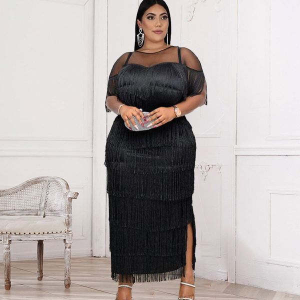 

plus size dresses elegant women solid short sleeve evening size party summer beach tassel woman clothes layered fringe dress 230506, Black