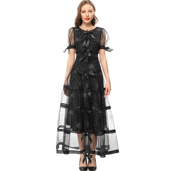 

women's runway dresses o neck short sleeves polka dots tiered ruffles bow detailing elegant fashion designer party gown, Black