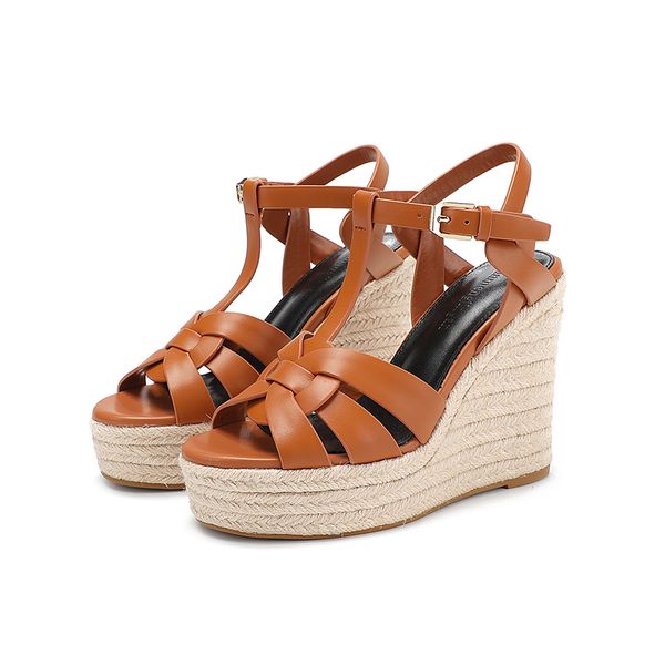 

23 new sticky hemp rope sloping heel sandals, cowhide upper, sheepskin lining, classic, fashionable and comfortable women's high heels, Black