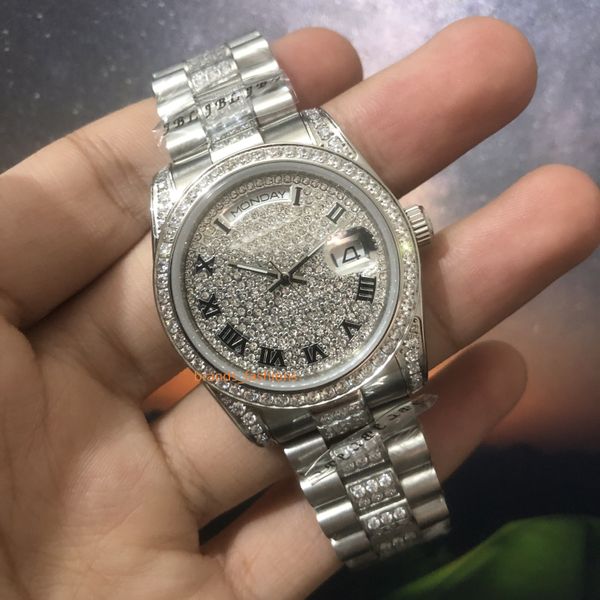 

automatic mechanical wristwatch popular men's ice diamond watches diamond face watch silver stainless steel case diamond bezel watch 36, Slivery;brown