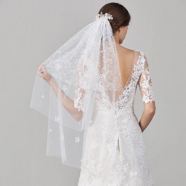 

tulle flower bridal hair comb with veil white color wedding accessories lace two-layers women veils, Black