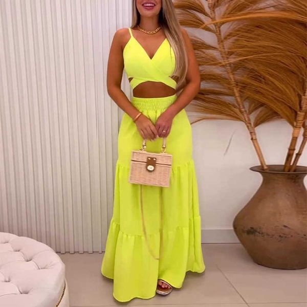 

two piece dress women summer matching sets solid color skirt set sleeveless short strap high waist maxi skirt two piece suits j230506, White
