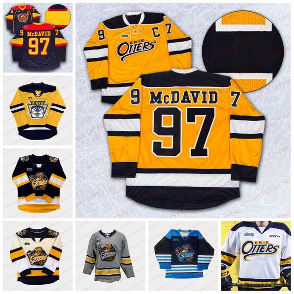 

custom ohl erie otters hockey jersey connor mcdavid alex debrincat 17 taylor raddysh dylan strome travis dermott any name number, Black