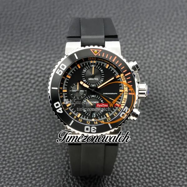 

46mm aquis 01 774 7708 vk quartz chronograph mens watch black dial orange inner stick markers steel case rubber strap satch new watchestimez, Slivery;brown