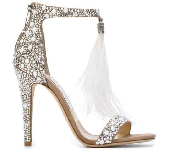 

ladies leather heels with feather tassel heels water diamond sandals crystal wedding shoes size 34406764781, Black