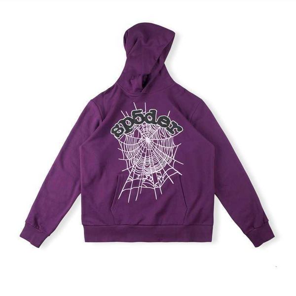 

sp5der 555555 purple flash letter spider web printed cotton men's and women's hoodie, Black