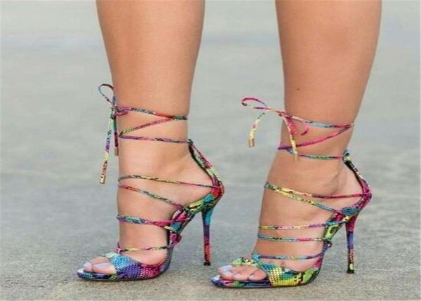 

new fashion women colorized snakeskin cross strappy thin heel sandals laceup mixcolors straps gladiator sandals dress shoes4018598, Black
