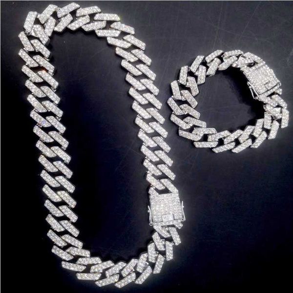 

hip hop 20mm bling iced out cuban link chain necklace set full diamond bling choker jewelry, Silver