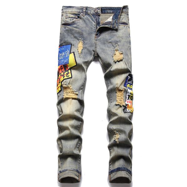 

designer mens jeans hip hop pants ripped high street fashion brand pantalones vaqueros para hombre motorcycle embroidery trendy long with ho, Blue