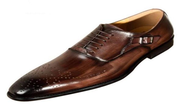 

men dress shoes cow leather buckle strap office business wedding handmade mixed color brogue formal pointed toe oxfords mens shoe7804382, Black