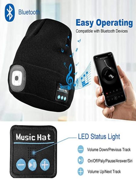 

winter beanie hat beanie soft knitted hat wireless bluetooth 50 smart cap stereo headphone headset with led light with opp3535848, Blue;gray