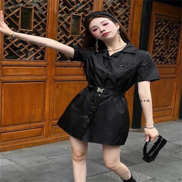 

designer women dress luxury street style casual dresses imported nylon waterproof short sleeve noble temperament shirt dresses with belts, Black;pink