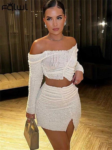 

two piece dress habbris summer 2 two pieces set for women 2023 salsh neck long sleeve asymmetric crop and side slit mini skirt sets j230506, White