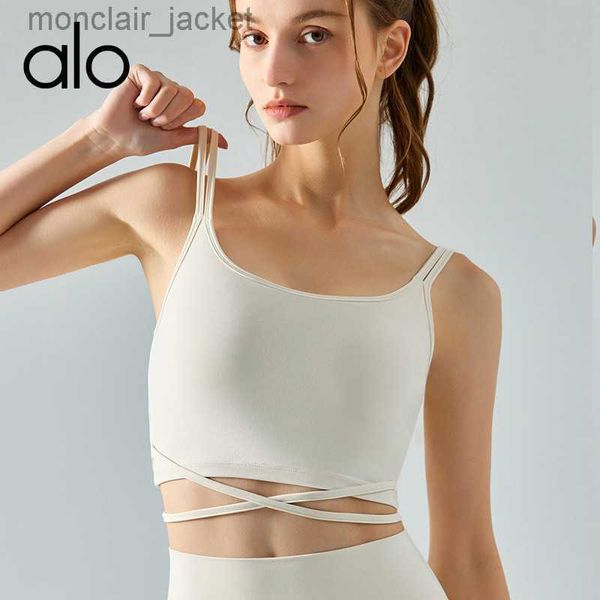 

desginer alo yoga sports bra women's fixed chest cushion fitness tank gathered and collated breast bra tight women, White
