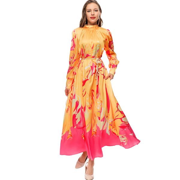 

women's runway dresses o neck long lantern sleeves printed lace up designer high street fashion vestidos, Black