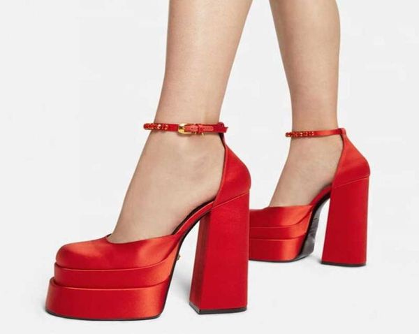 

sandals trendy big square toe diamonds ankle strap block high heel shoes dress pumps wedding party size 435006614, Black