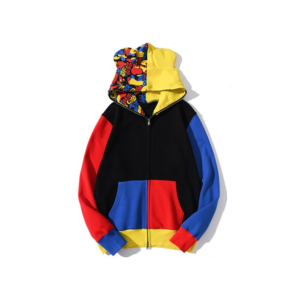 

crafted mens designer hoodies shark tiger full zip hoodie jacket men women stylist color grid harajuku sweatshirt fashion co-branding reflec, Black