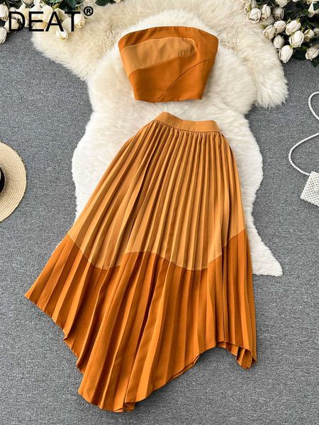 

two piece dress deat women twopiece set sleeveless constant color strapless elastic waist irregular pleat skirt 2023 spring new 11xx01175 j2, White