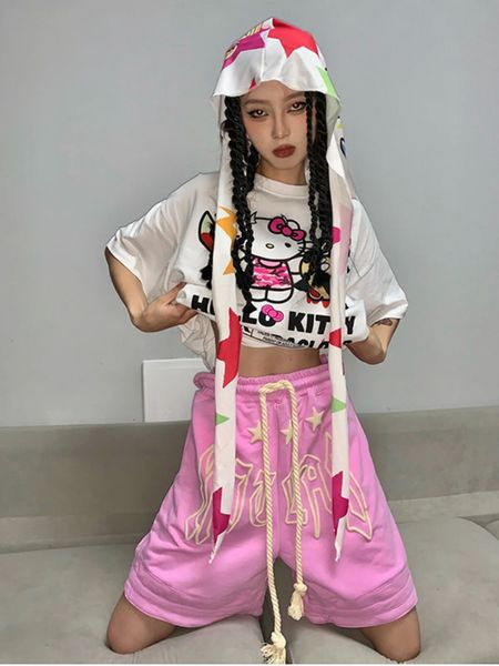 

womens shorts qweek y2k pink women hip hop streetwear oversize wide leg jogging aesthetic short sports pants print gym summer loose 230506, White;black