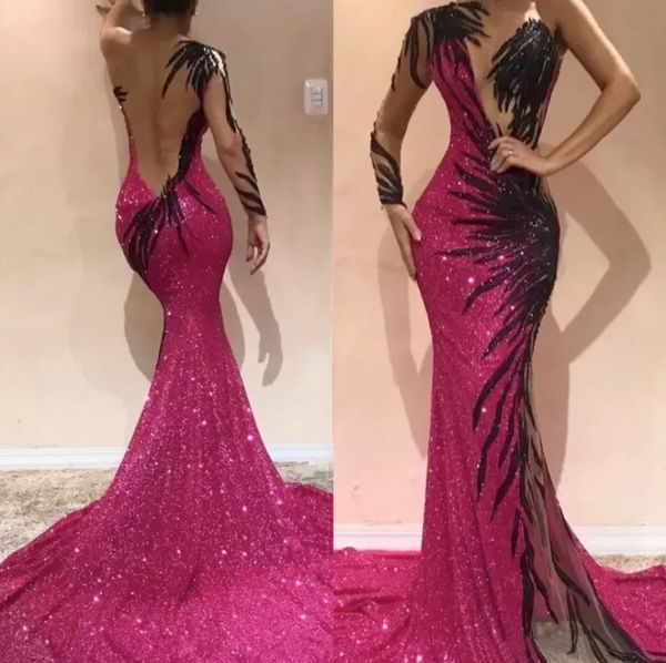 

mermaid evening dresses formal prom party gown one-shoulder long sleeve floor-length sweep train applique sequined long backless illusion, Black