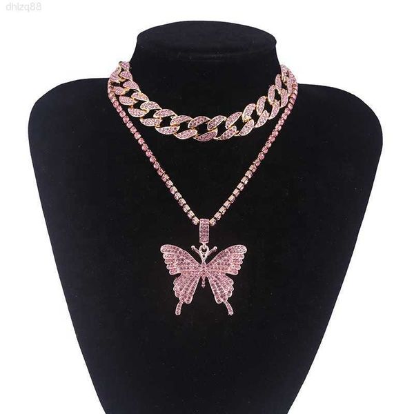 

exaggerated hip hop full crystal plated multilayered tennis cuban chain jewelry gift big butterfly necklace, Silver