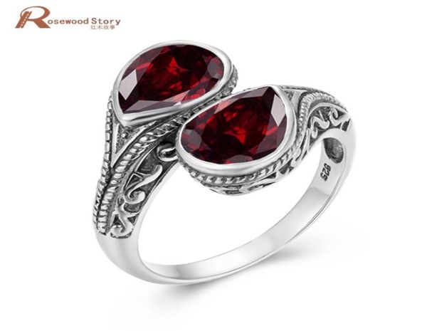 

pure 925 sterling silver 2 stones womens garnet ring vintage jewelry gothic tear drop wedding anniversary female gifts christmas1555207, Black