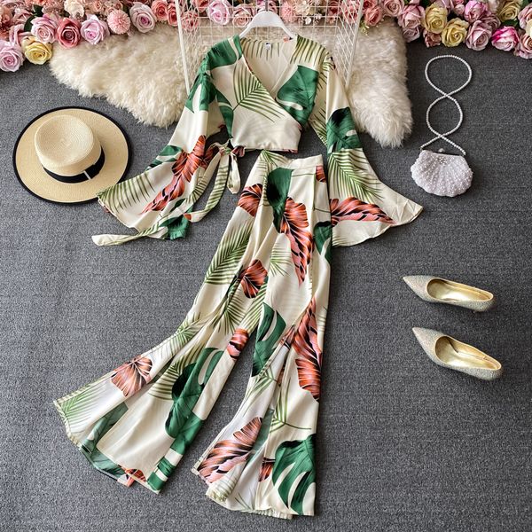 

women's tracksuits spring autumn fashion suit vneck temperament short printed flare sleeve high waist wide leg pants split long c100 23, Gray