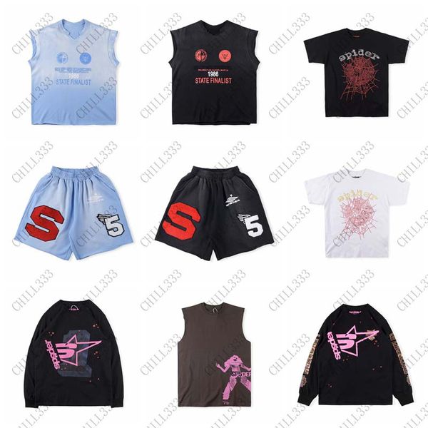 

sp5der 555555 tracksuit t shirts and shorts set hoodie sweatpants sets streetwear sports leisure tracksuits hooded vest sportswear suits jog, Gray
